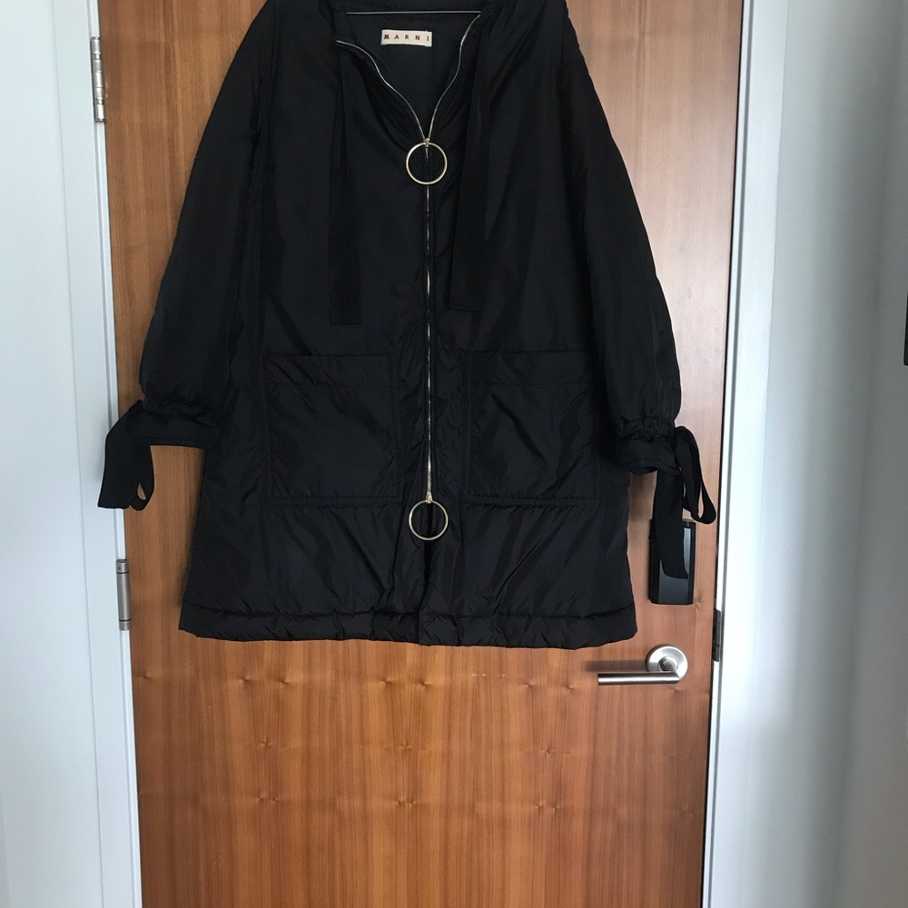 Marni Black Puffer Coat with Black Ribbons detail